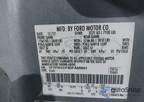 2013 Ford F-150 Xlt из США, поврежденный, VIN 1FTFW1CF9DFA85891